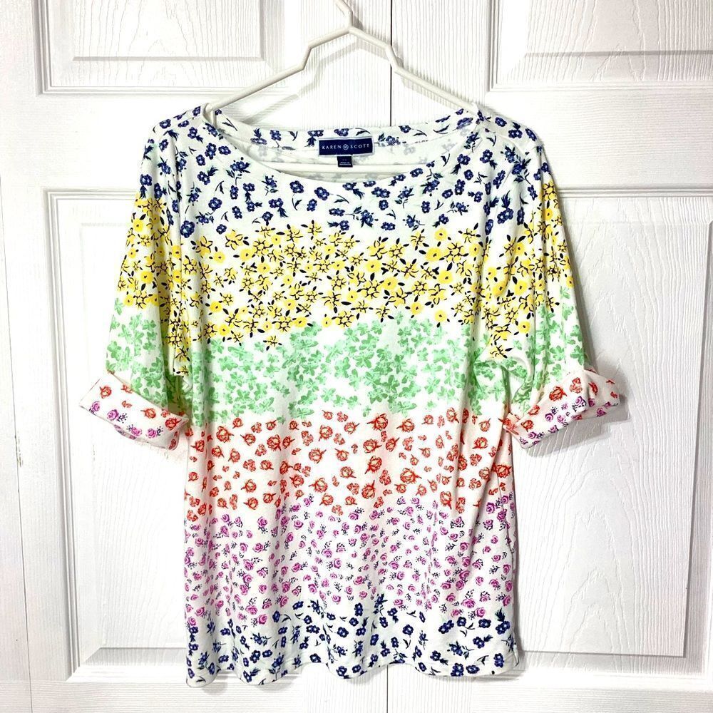 Karen Scott Cotton Blend Shirt Floral Multicolor Top XL